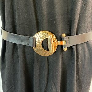 Chico's Black Leather Belt With Decorative Gold toned Circle Belt Buckle-M-L